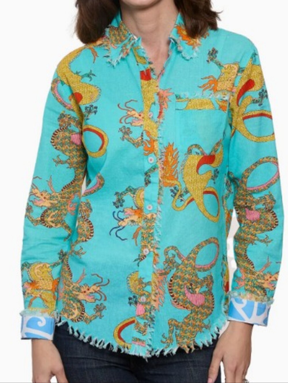 Tizzie x Dizzy Lizzie Cape Cod Turquoise Dragon Frayed Trim Button Up Shirt Sz M